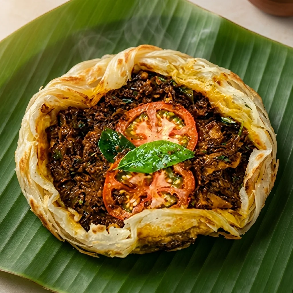 Kizhi Porotta at Kerala Palace Restaurant Calgary — flaky Kerala flatbread steamed in banana leaf