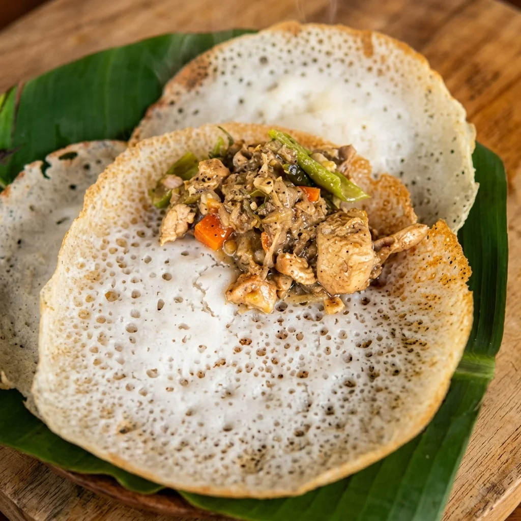 Appam with Chicken Roast at Kerala Palace Restaurant Calgary — soft lacy rice hoppers with Kerala curry