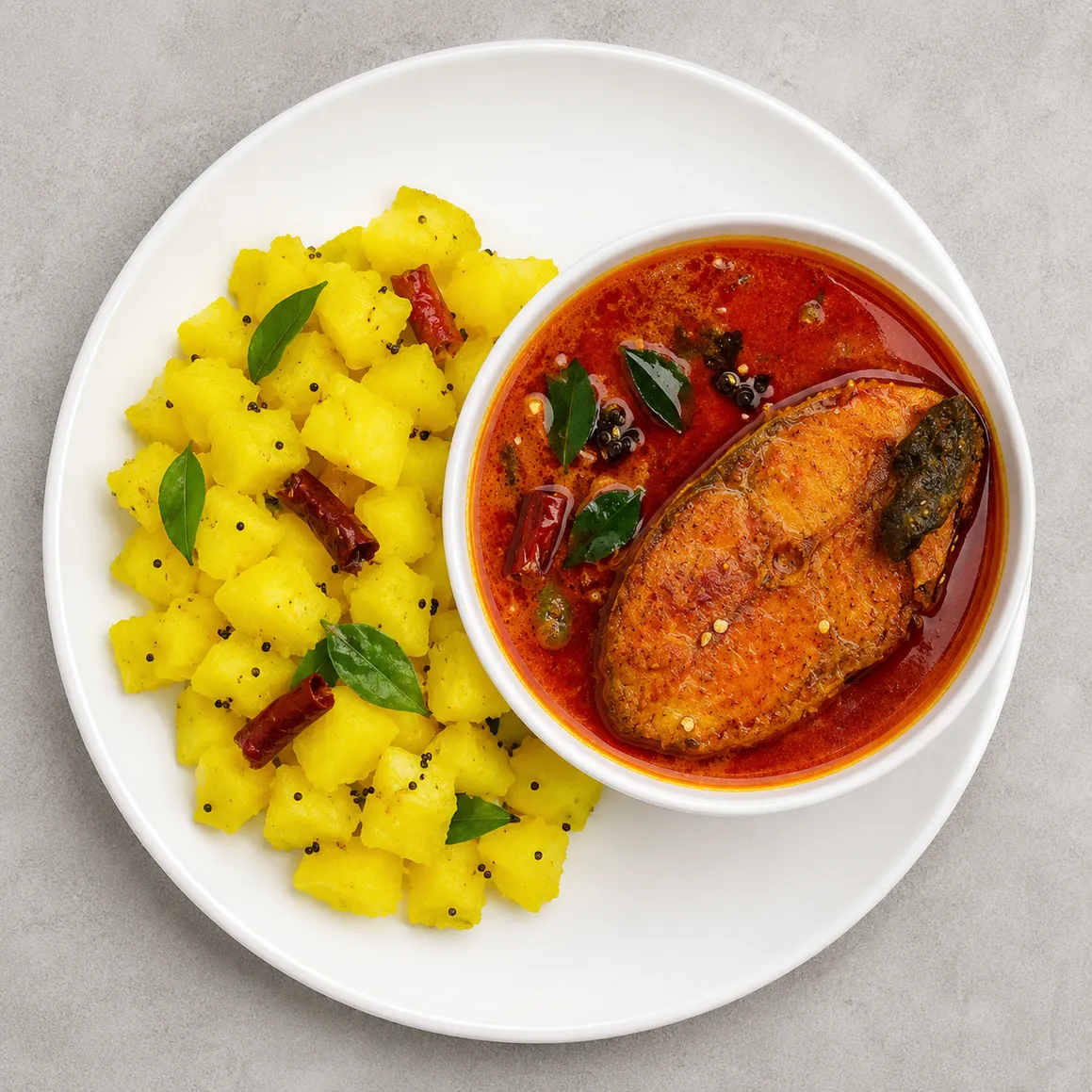 Kappa and Fish Curry at Kerala Palace Restaurant Calgary — traditional Kerala tapioca with spiced fish curry